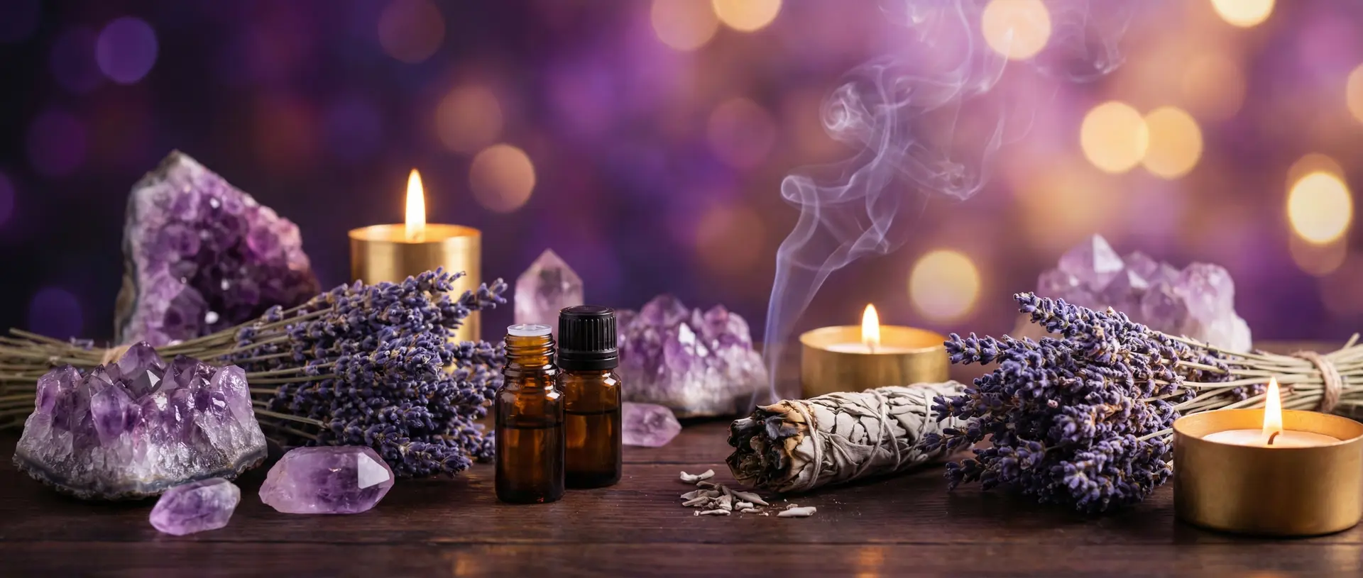 Healing crystals and herbs in a serene atmosphere